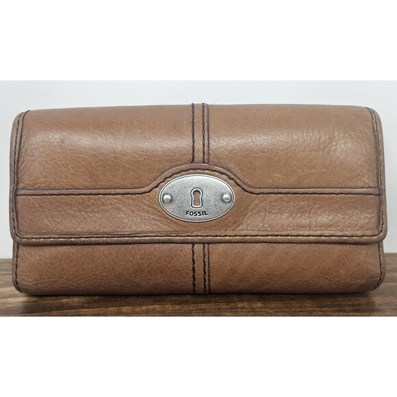 Fossil Vintage Maddox Marlow Leather Flap Clutch Wallet Chestnut Brown Trifold - Picture 1 of 14